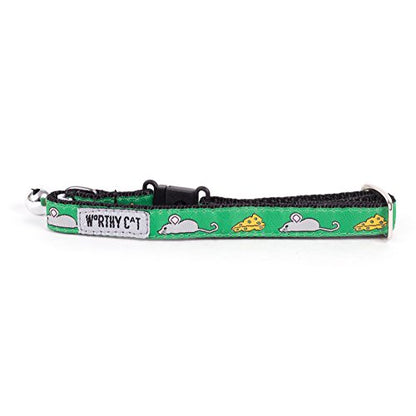 THE WORTHY DOG Mouse and Cheese Cat Collar with Bell, Adjustable Nylon Safety Collar, Green, One Size - color: Green-Mouse and Cheese
