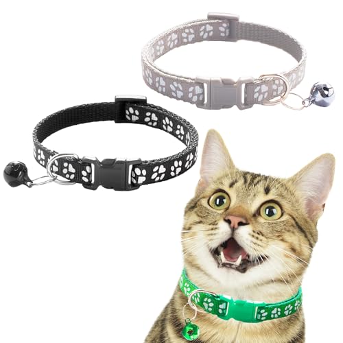 Vila Cat Collar with Bell, Reflective Adjustable Kitten Collar 7.5–12.5 Inches, Breakaway Safety Buckle, Lightweight Nylon Collar for Cats & Small Pets, 3-Pack (Green, Gray, Black)
