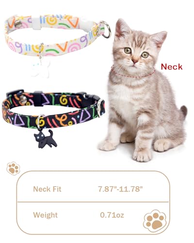 GoldTiger Graffiti Cat Collar with Breakaway and Cute Cat Charm，Adjustable Size 7.87~11.81 Inches for Medium to Small Cats (White) - color: White
