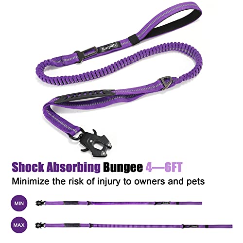 Raipult Tactical Dog Leash Heavy Duty, 4-6FT Shock Absorbing Bungee Leash with Quick Release Clip& 2 Handles, No Pull Waking Lead with Car Seatbelt for Medium Large Dogs that Pull,Purple - color: Purple