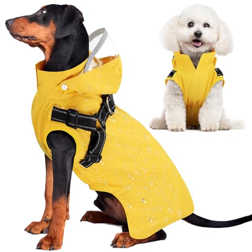 Lukovee Dog Raincoat - Waterproof Rain Jacket with Harness & Removable Hood, Reflective Double Layer Dog Rain Coat Poncho for Small Medium Large Dogs Puppy (L, Y) - size: Large