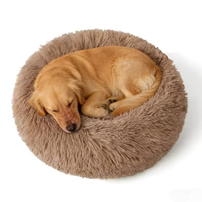 Calming Donut Dog Beds Large Sized Dog - Washable Removable Cover Non-Slip, Round Pet Bed Warming Fluffy Plush Faux Fur Anti-Anxiety Thick Cushion, Fits up to 80 lbs (Camel, 36") - color: Camel, size: 36"L x 36"W x 8"Th