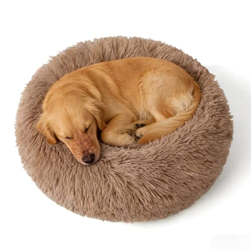 Calming Donut Dog Beds Large Sized Dog - Washable Removable Cover Non-Slip, Round Pet Bed Warming Fluffy Plush Faux Fur Anti-Anxiety Thick Cushion, Fits up to 80 lbs (Camel, 36") - color: Camel, size: 36"L x 36"W x 8"Th