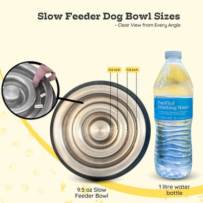 1.2 Cup (9.5 oz) Slow Feeder Dog Bowls, Shallow Spiral Style Stainless Steel Small Dog, Cat Dry, Wet Food Dishes Fast Eater Nonslip Heavy Feeding Puzzle Bowl, Slow Down Eating