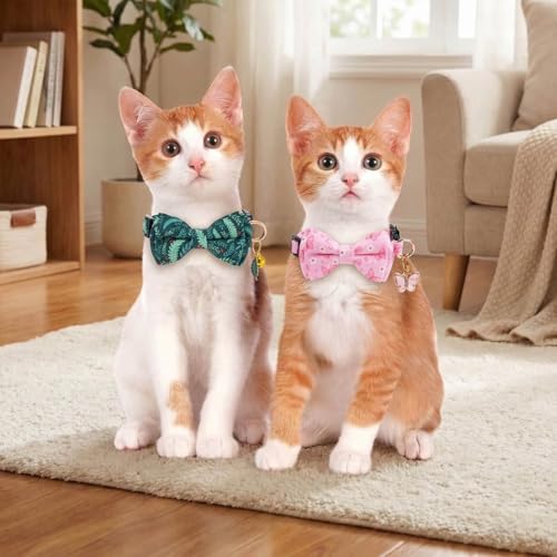 2 Pack Breakaway cat Collar with Bow Tie and Bell,Adjustable Soft Cotton Pet Collar with Pink and Red Bow Patterned Design for Kitten Adult Cats (Green Plant & Pink Butterfly) - color: Green Plant & Pink Butterfly