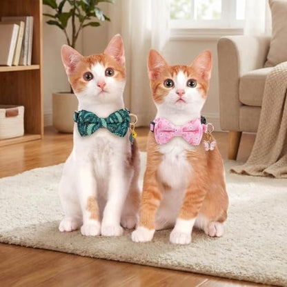 2 Pack Breakaway cat Collar with Bow Tie and Bell,Adjustable Soft Cotton Pet Collar with Pink and Red Bow Patterned Design for Kitten Adult Cats (Green Plant & Pink Butterfly) - color: Green Plant & Pink Butterfly