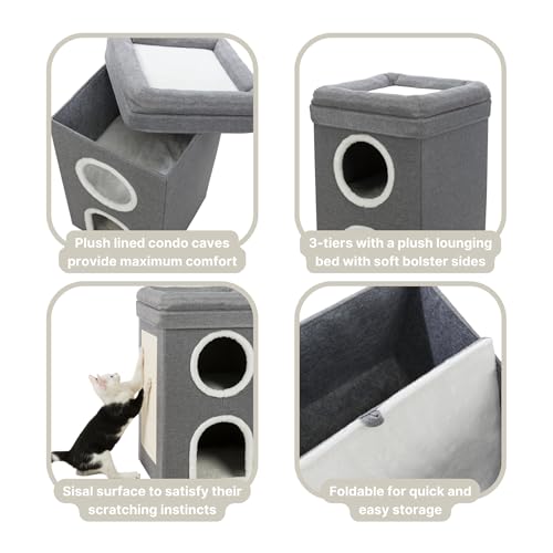 Trixie Saul Cat Condo | 2-Story Condo Tower | Scratching Surface | Foldable for Easy Storage | Gray