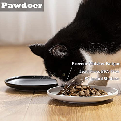 Ceramic Shallow Cat Dish 6 inch, Whisker Fatigue Free Cat Food Bowls, Wide and Small Pet Plate for Kitten and Kitty, Short Legged Munchkin Cat - color: 2 Pack - White & Pink