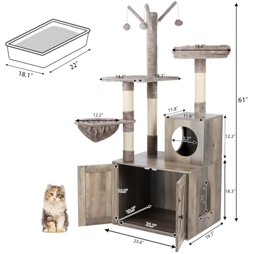 Timberer Litter Box Enclosure with Cat Tree, 2-in-1 Cat Tree Tower, Hidden Cat Litter Box Furniture with Scratching Post, Modern Cat Condo, Grey - color: Grey
