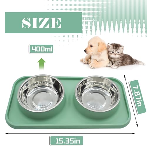 Double Dog Food Bowls Stainless Steel with No Spill Non Skid Silicone Mat Removable Dog Water and Food Bowls Set Durable Feeding for Small Dogs Puppy Cat Kitten(Blue) - color: 【Blue】