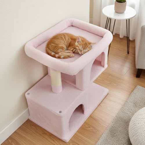 Tangkula Small Cat Tree for Indoor Cats, 25.5 Inch Cat Tower with Sisal Scratching Posts, 2 Large Cat Condos with Padded Top Perch, Modern Cat Climbing Furniture for Adult Cats & Kittens (Pink) - color: Pink