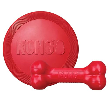 KONG Goodie Bone & Flyer - Dog Toys to Enrich Playtime - Dog Bone & Soft Throwing Disc Support Mental Engagement - Rubber Bone for Treats - Rubber Flying Disc with Dynamic Rebound - for Small Dogs - size: Small