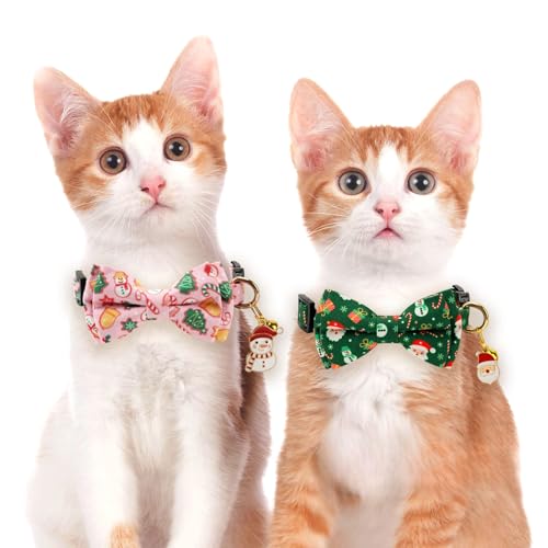 2 Pack Cotton Cat Collar with Bow Tie and Bell for Girl Boy Cats,Cute Pink Flamingo and Blue Whale Pattern Spring Summer Breakaway Cat Collar for Male Female Cats (Santa Claus & Snowman) - color: Santa Claus & Snowman