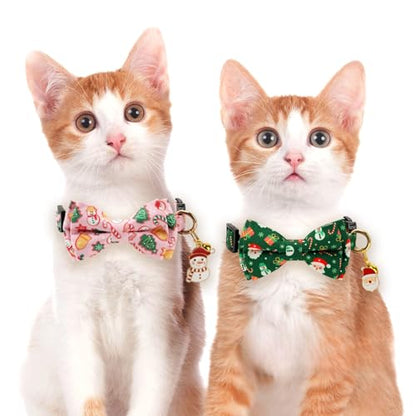2 Pack Cotton Cat Collar with Bow Tie and Bell for Girl Boy Cats,Cute Pink Flamingo and Blue Whale Pattern Spring Summer Breakaway Cat Collar for Male Female Cats (Santa Claus & Snowman) - color: Santa Claus & Snowman
