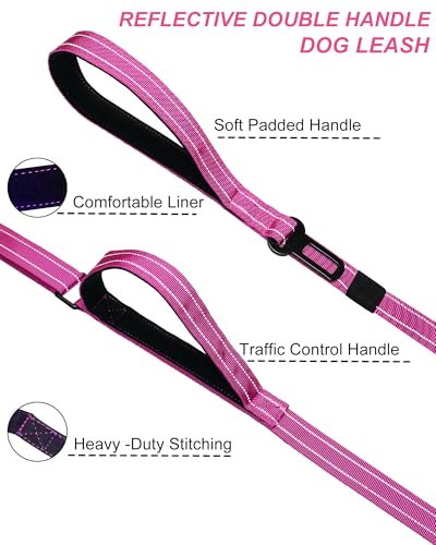 AUBELL Double Handle Tactical Dog Leash Heavy Duty for Small and Medium Large Dogs,Reflective Adjustable Nylon Leash that Pull with Car Seatbelt for Training,4.5-6FT,Pink - color: No bungee-Pink(4.5-6FT)