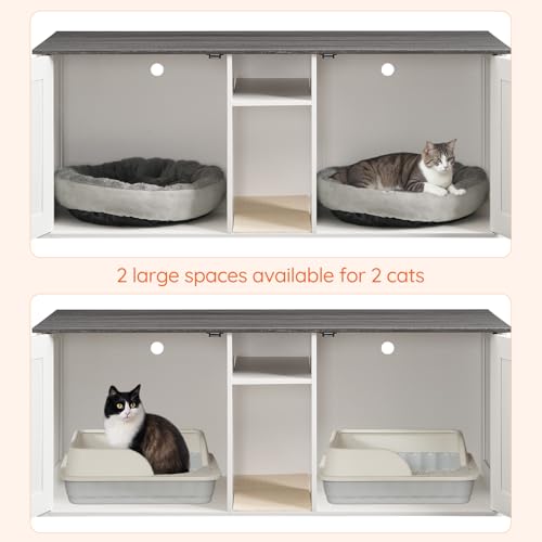 HOOBRO Double Litter Box Enclosure, Modern Cat Litter Box Furniture with Storage and Mat Design, Farmhouse Hidden Litter Box Enclosure with 2 Hooks, White and Charcoal Gray BW23MW01 - color: White + Charcoal Gray