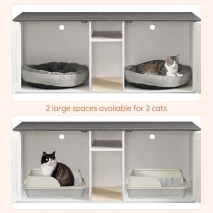 HOOBRO Double Litter Box Enclosure, Modern Cat Litter Box Furniture with Storage and Mat Design, Farmhouse Hidden Litter Box Enclosure with 2 Hooks, White and Charcoal Gray BW23MW01 - color: White + Charcoal Gray