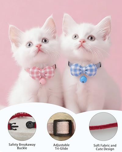 2 Pack Soft Breakaway Safety Cat Collar，Kitten Collar with Bell and Bow Tie,Adjustable Breakaway Cotton Collar for Kitty and Puppy (Plaid-Blue Pink) - color: Plaid-Blue Pink