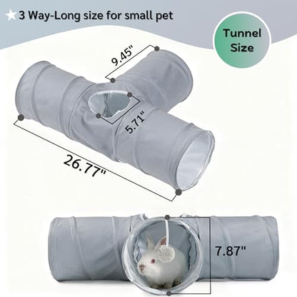 Guinea Pig Tunnel 3 Way Guinea Pigs Hideout Foldable Small Animal Hideaway Play Tube Toys for Bunny Rabbit Hedgehogs Hamster Chinchilla Ferret Accessories(Solid Grey)