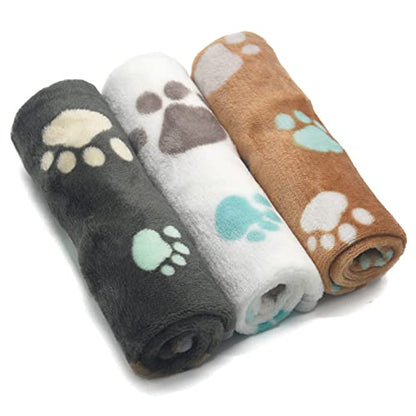 1 Pack 3 Puppy Blankets Super Soft Warm Sleep Mat Cute PAW Print Blanket Fleece Pet Blanket Flannel Throw Dog Blankets for Small Dogs Puppy Cats,Gray/White/Brown-Medium(29"x20") - color: Gray/Brown/White Paw(pack of 3), size: Medium(29"x20")