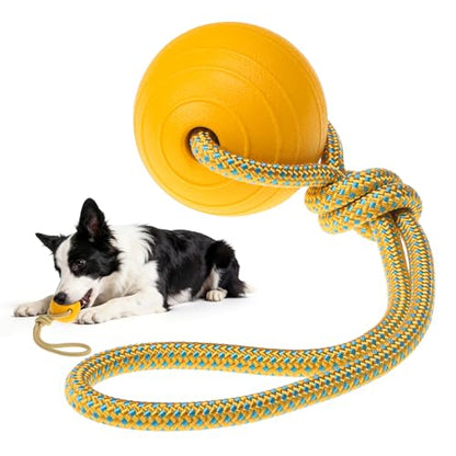 SCENEREAL Floating Dog Pool Toys - Ball on Rope Fetch and Tug-of-War Toy for Medium Large Dogs Outdoor Training, EVA Rubber Water Pet Interactive Toys for Summer Beach, Yellow - color: Yellow