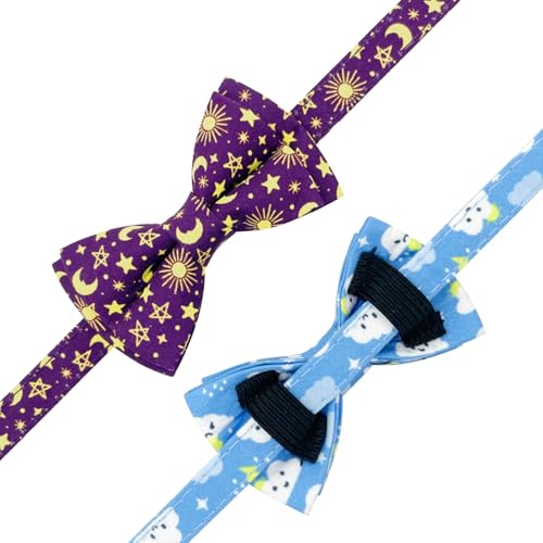 2 Pack Cotton Cat Collar with Bow Tie and Bell for Girl Boy Cats,Cute Pink Flamingo and Blue Whale Pattern Spring Summer Breakaway Cat Collar for Male Female Cats (Moon&Cloud) - color: Moon&Cloud
