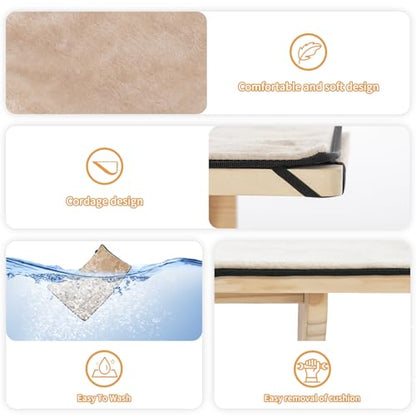 PETSFIT Cat Window Perch, Natural Solid Wood Cat Hammock with Removable Fleece Mat, Easy to Assemble Window Perch for Large Cats, Fits Windowsill, Bedside & Drawer
