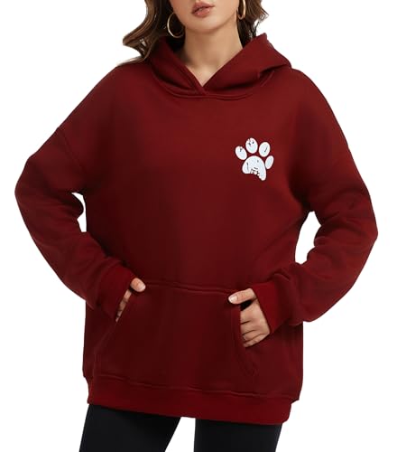 Womens Dog Paw Hoodie-Long Sleeve Pullover Fleece Lined Dog Mom Sweatshirts with Pocket - color: B-dark Red, size: Small
