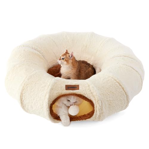 ZOMISIA Cat Tunnel Bed for Indoor Cats, Cute Cat Donut Toy Tunnel for Small Large Cats, Peekaboo Pet Cave Play Tunnel Toys for Kitten/Rabbit,Beige - color: Beige, size: Standard