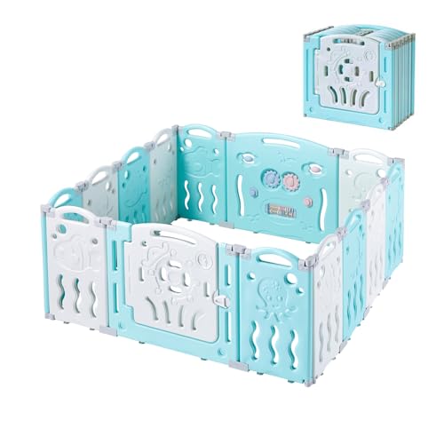 Albott Baby Fence Play Yard Baby Playpen 14 Panels - Kids Safety Play Center Yard Game Panel and Gate with Safety Lock Adjustable Shape for Children Toddlers Indoors or Outdoors 25 Sq Ft(Blue+White) - color: Blue, size: 14 Pieces