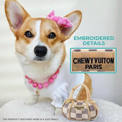 Haute Diggity Dog Chewy Vuiton Handbag Plush Squeaky Dog Toy, Soft Durable Designer-Inspired Stuffed Puppy Chew Toys for Small, Medium & Large Dogs, Machine-Washable (Tan Checker) XL - color: Brown Handbag, size: X-Large
