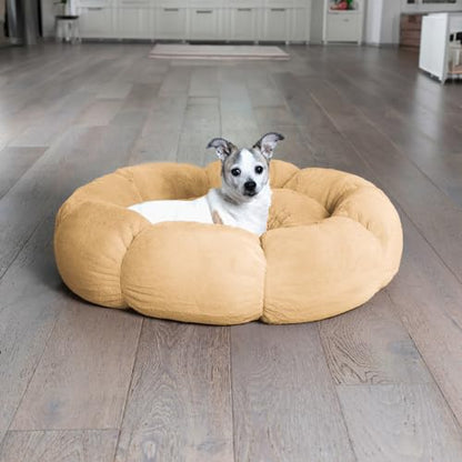 Sherry Kline Pets “Daisy Round” Donut Shape Calming Bed for Dogs and Cats, from Soft Faux Fur, Available in 4 Sizes, Machine Washable - color: Gold, size: Small