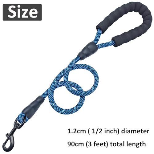 3FT Heavy Duty Rope Dog Leash, 6/8/10/12/15/20/30 FT Long Dog Lead Nylon Pet Leash, Soft Padded Handle Thick Lead Training Leashes for Large Medium Dogs (3ft * 1/2", Blue Black) - color: blue black, size: 1/2" * 3'