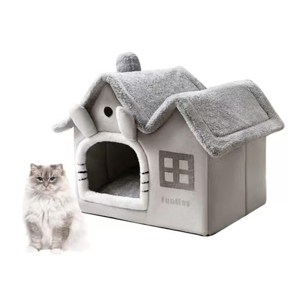 Luxury Foldable Rabbit-Ear Cat House & Dog Bed – Indoor Double Roof Condo with 30D Memory Foam, Removable Washable Cushion, Non-Slip Base, Cozy Pet Tent for Small Dogs & Cats, Gray (Large) - size: Large