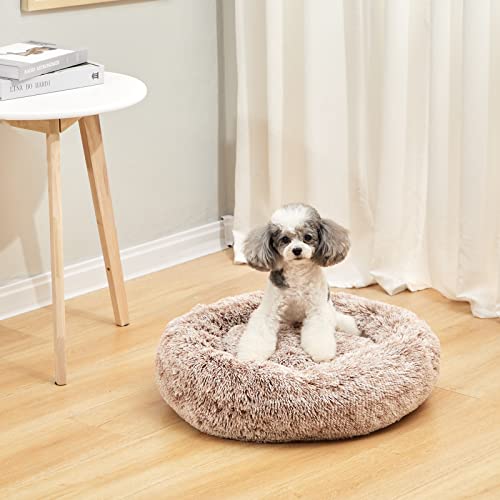 Bedfolks Calming Donut Dog Bed, 23 Inches Round Fluffy Dog Beds for Small Dogs, Machine Washable Anti-Anxiety Plush Puppy Bed（Brown, Small） - color: Brown, size: 23.0"L x 23.0"W x 7.0"Th