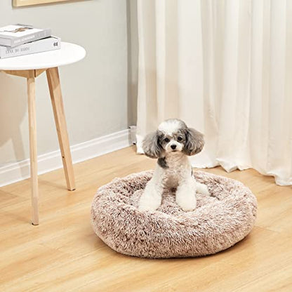Bedfolks Calming Donut Dog Bed, 23 Inches Round Fluffy Dog Beds for Small Dogs, Machine Washable Anti-Anxiety Plush Puppy Bed（Brown, Small） - color: Brown, size: 23.0"L x 23.0"W x 7.0"Th