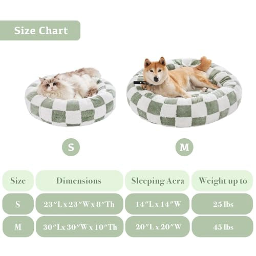 Ohocut Checkered Cat Dog Bed, Cute Sage Green Retro Style Aesthetic Round Warming Pet Calming Beds for Small Dog and Cats, Plush Cozy Donut Beds Washable, 23" L x 23" W x 8" Th - color: Green, size: 23"L x 23"W x 8"Th