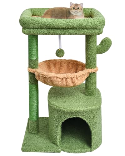 SYANDLVY Cactus Cat Tree for Indoor Cats, Green Activity Cat Tower with Scratching Post for Kittens, Modern Cat Furniture with Basket & Hanging Ball for Play Rest - color: Green