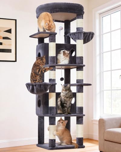Taoqimiao Heavy Duty Cat Tree, 73in Cat Tower for Indoor Cats 25 lbs+, Extra Large Cat Tree, 2 Widen Condos, Enlarged Sleeping Platform, 9 Scratching Posts, 2 Cozy Baskets, Cat Toys, F30G Smoky Gray - color: Smoke Gray