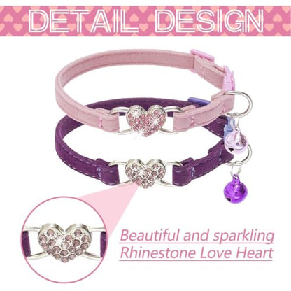 BINGPET Cat Collar Breakaway with Bell, Pack of 2 Heart Bling Collar Safety with Soft Velvet Adjustable for Kittens - color: Heart (Pink + Purple)-2pcs