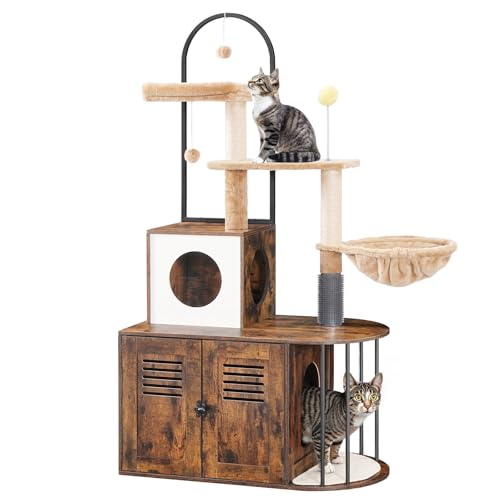 HOOBRO Cat Tree with Litter Box Enclosure, All-in-One 31.5" Cat Tower with Hidden Litter Box Cover Furniture for Indoor Cats, Versatile Cat Condo with Sisal Posts, Hammock, Rustic Brown FG45MZ03 - color: Rustic Brown