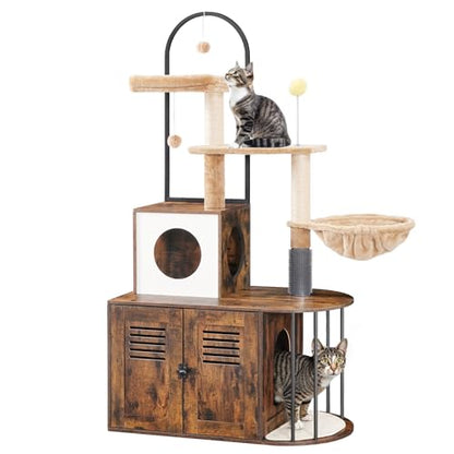 HOOBRO Cat Tree with Litter Box Enclosure, All-in-One 31.5" Cat Tower with Hidden Litter Box Cover Furniture for Indoor Cats, Versatile Cat Condo with Sisal Posts, Hammock, Rustic Brown FG45MZ03 - color: Rustic Brown