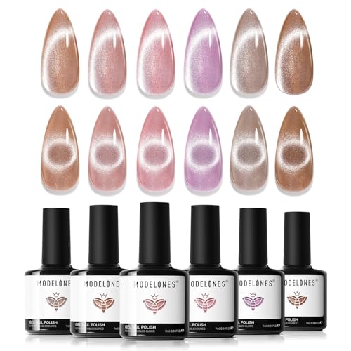 modelones Cat Eye Gel Nail Polish 6 Colors Nude Pink Brown Purple Cat Eye Nail Polish Glitter Semi-transparent Holographic 9D With Magnet Pastel All Seasons Soak Off Led Nail Art DIY Salon Gifts - color: A1-Cozy Glow Cat Eye