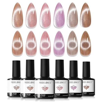 modelones Cat Eye Gel Nail Polish 6 Colors Nude Pink Brown Purple Cat Eye Nail Polish Glitter Semi-transparent Holographic 9D With Magnet Pastel All Seasons Soak Off Led Nail Art DIY Salon Gifts - color: A1-Cozy Glow Cat Eye