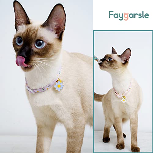2 Pack Cotton Breakaway Cat Collars with Bell Flower Pendant Kitty Kitten Collars Pink Purple Collar for Female Girl Cats Male Boy Cats - color: Pink&Purple
