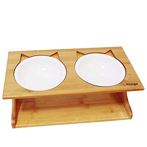 Cat Bowls Pet Dining Table with Raised Slope Wooden Stand Elevated Pet Bowls with Oblique Stand for More Comfortable Eating for Cats, Dogs, Kitten and Puppy (Double Bowl, Ceramics) - color: Ceramics, size: Double bowl