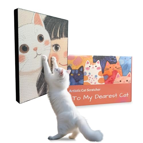 Art Cat Scratching Pad,Wall Scratcher for Indoor Cats - 16.54x11.81x1.18 Inches, Double-Sided Use, Cat Cardboard Scratcher Fits All Breeds & Sizes, Easy to Install,Cat Gifts - color: Cozy Whimsical Kitten & Pal