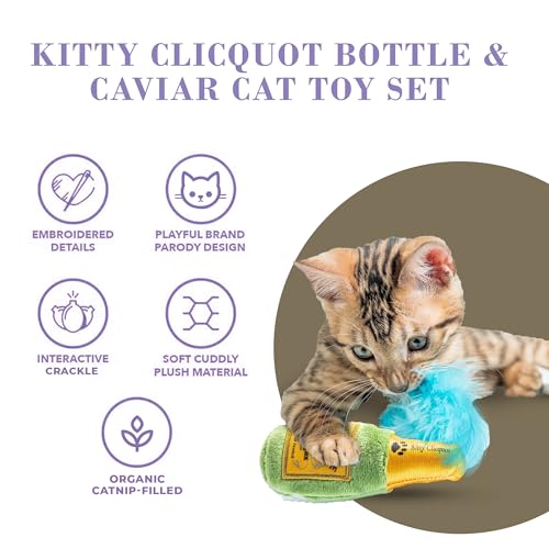 Haute Diggity Kitty Clicquot Champagne & Caviar Set, Plush Cat Toys Catnip Filled with Interactive Crackle Sound, Safe, Durable Toys for Cat & Kitten, 2 Pcs - style: Kitty Clicquot Bottle + Caviar