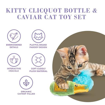 Haute Diggity Kitty Clicquot Champagne & Caviar Set, Plush Cat Toys Catnip Filled with Interactive Crackle Sound, Safe, Durable Toys for Cat & Kitten, 2 Pcs - style: Kitty Clicquot Bottle + Caviar