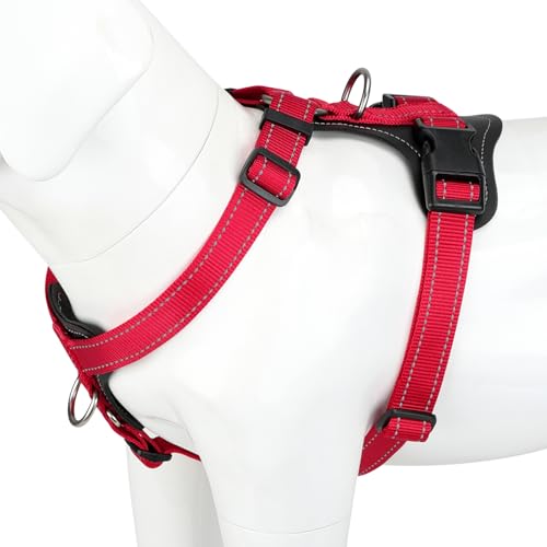 Plutus Pet Adjustable No Pull Dog Harness with Leather Accents, Heavy Duty Reflective Nylon Vest for Training, Hiking, Easy Walk Harness for Small, Medium, Large Dogs (Red, M) - color: Red, size: M